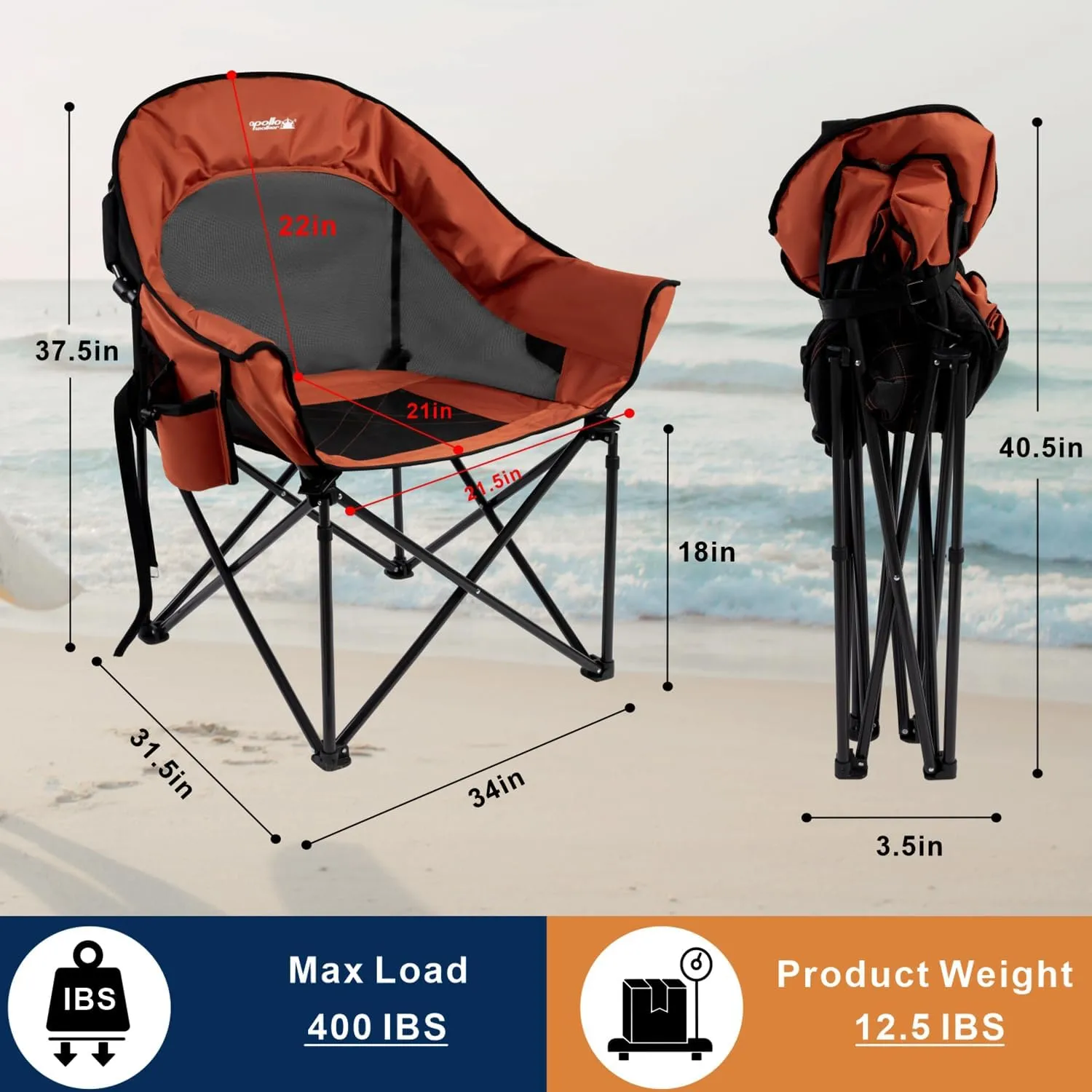 apollo walker Beach Chair,Portable Adults Stable Comfortable Folding Patio Lawn Chairs for Outdoor,Breathable Comfy Moon Round Chair Support to 500LBS,for Camping & Fishing & Barbeque,Orange