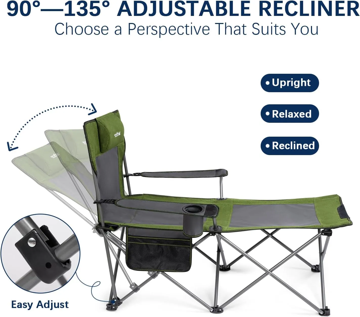 apollo walker Camping Chairs for Adults - 6 Legged Beach Chair with Foot Rest, Adjustable 90° - 130° Reclining Lounge Chair Outdoor, Folding Chairs for Outside with Detachable Pillow & Carry Bag Green