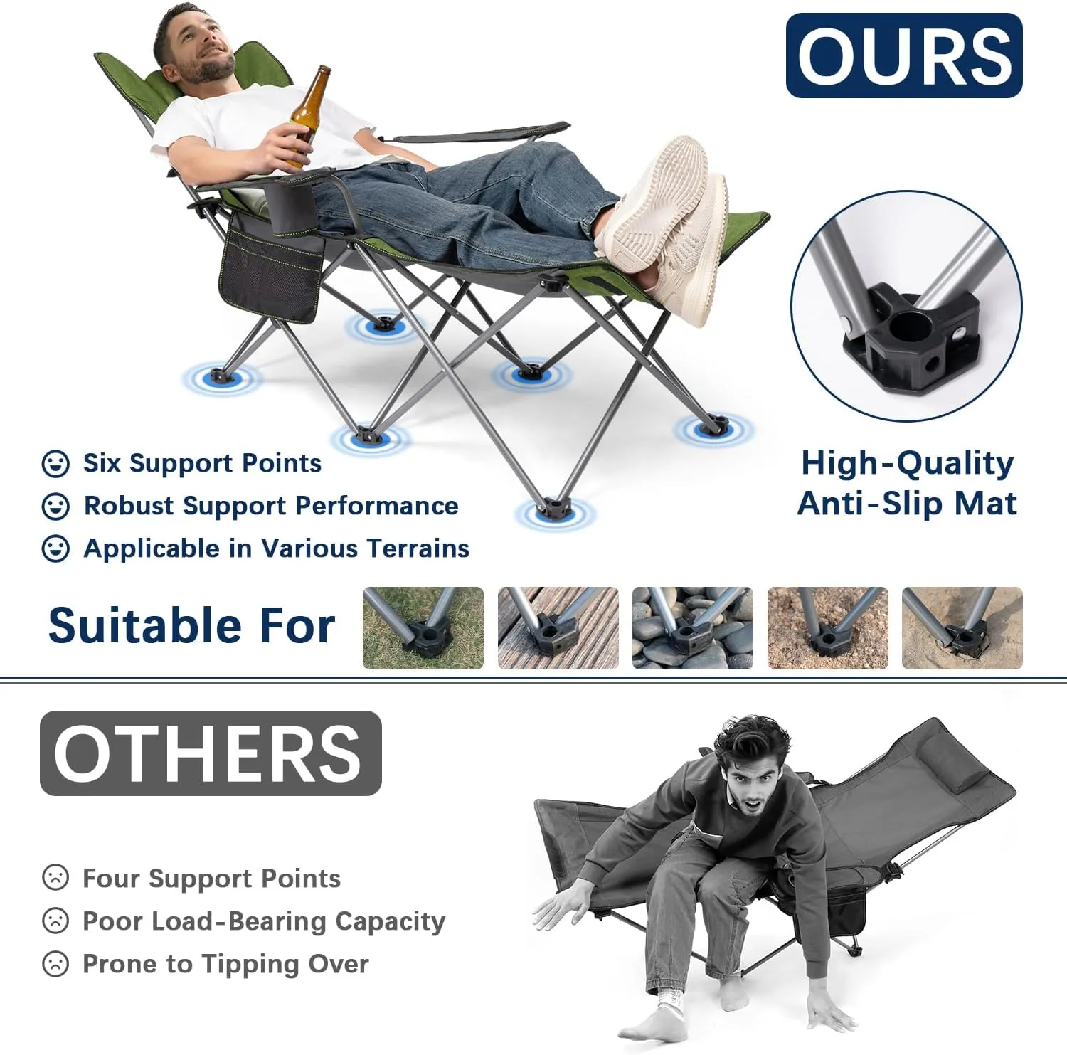 apollo walker Camping Chairs for Adults - 6 Legged Beach Chair with Foot Rest, Adjustable 90° - 130° Reclining Lounge Chair Outdoor, Folding Chairs for Outside with Detachable Pillow & Carry Bag Green
