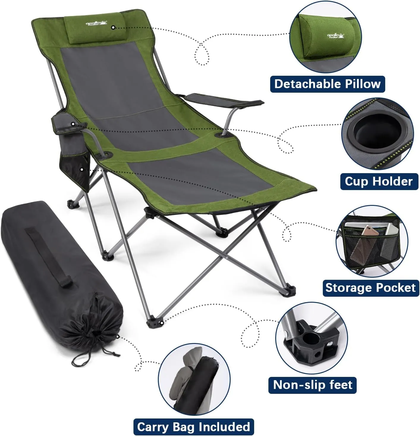 apollo walker Camping Chairs for Adults - 6 Legged Beach Chair with Foot Rest, Adjustable 90° - 130° Reclining Lounge Chair Outdoor, Folding Chairs for Outside with Detachable Pillow & Carry Bag Green