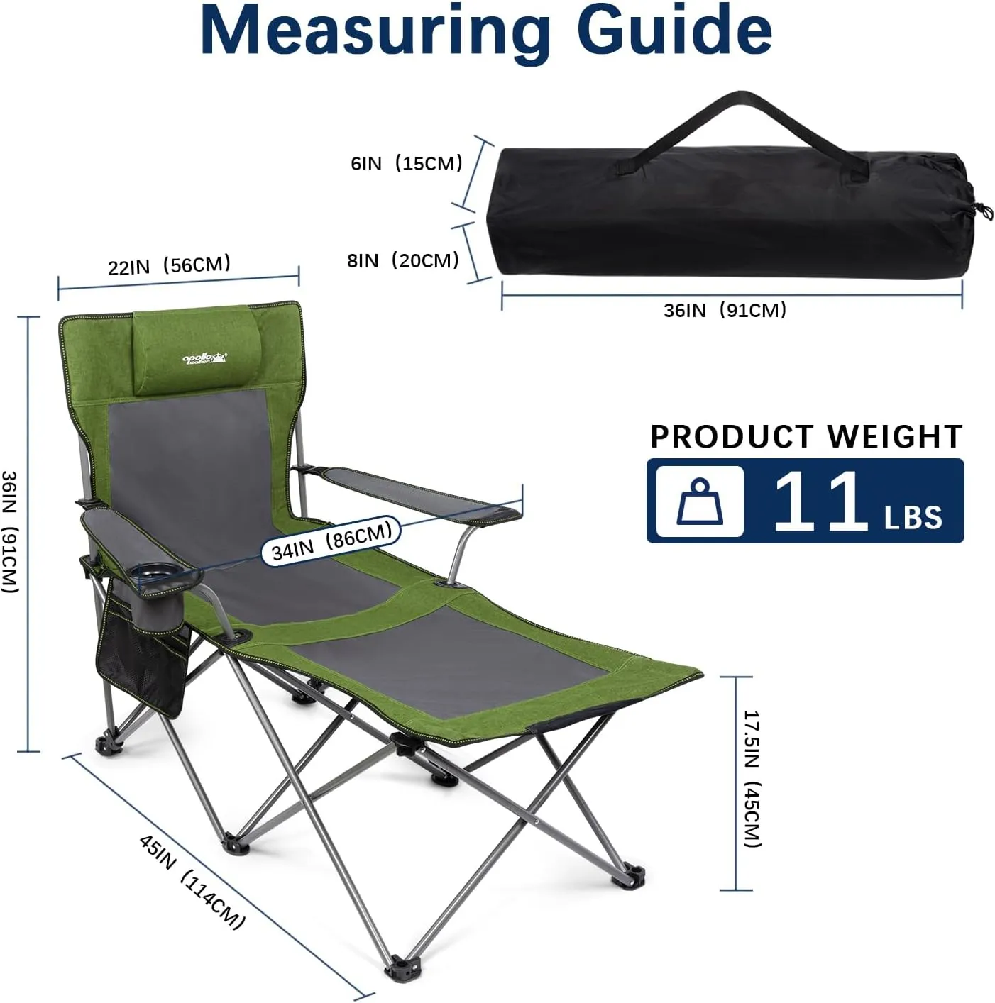 apollo walker Camping Chairs for Adults - 6 Legged Beach Chair with Foot Rest, Adjustable 90° - 130° Reclining Lounge Chair Outdoor, Folding Chairs for Outside with Detachable Pillow & Carry Bag Green