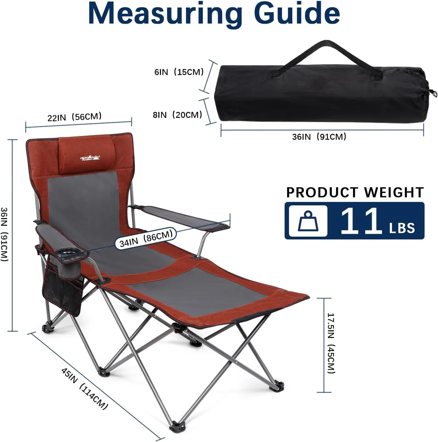 apollo walker Camping Chairs for Adults - 6 Legged Beach Chair with Foot Rest, Adjustable 90° - 130° Reclining Lounge Chair Outdoor, Folding Chairs for Outside with Detachable Pillow & Carry Bag Red