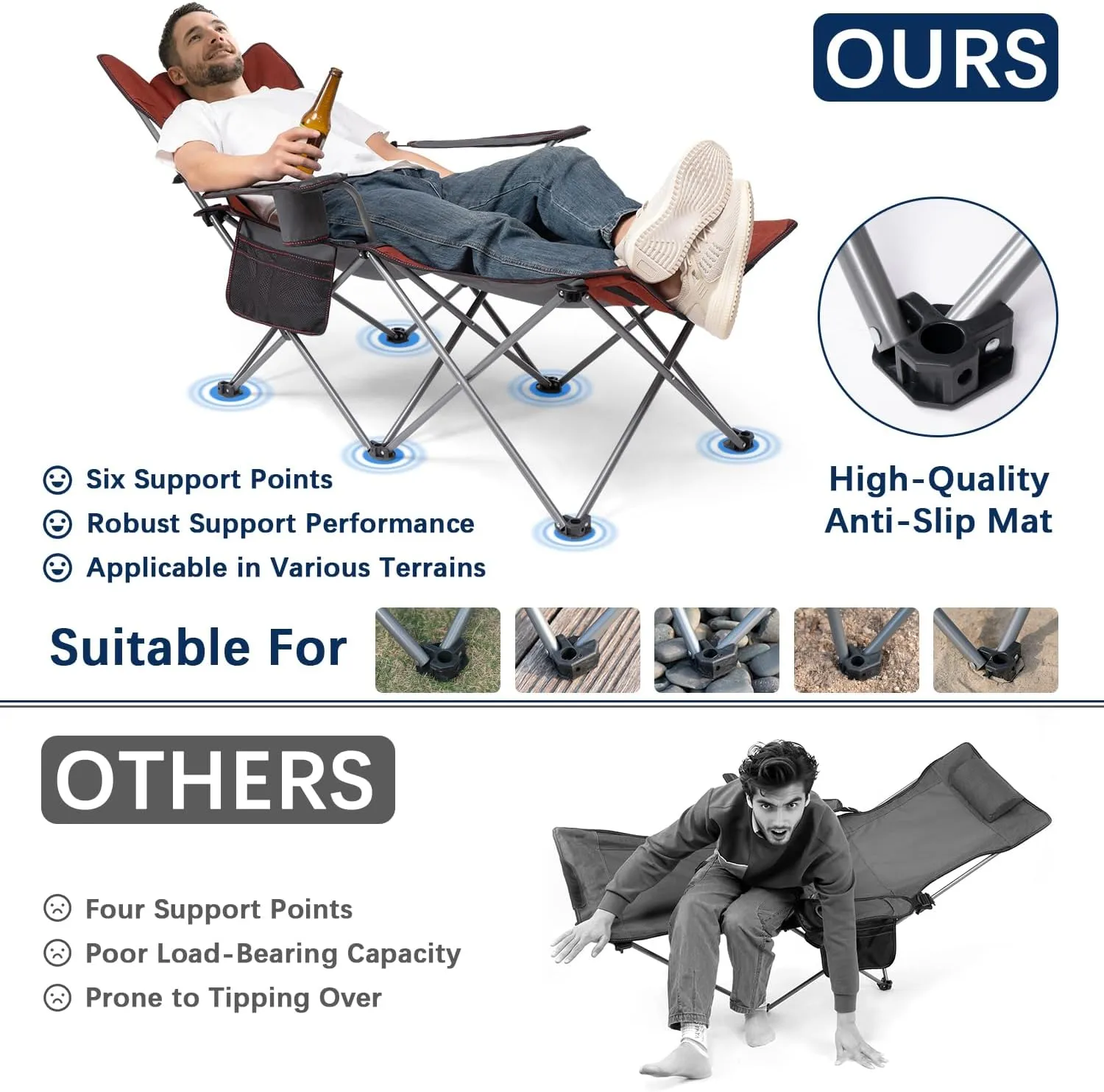 apollo walker Camping Chairs for Adults - 6 Legged Beach Chair with Foot Rest, Adjustable 90° - 130° Reclining Lounge Chair Outdoor, Folding Chairs for Outside with Detachable Pillow & Carry Bag Red