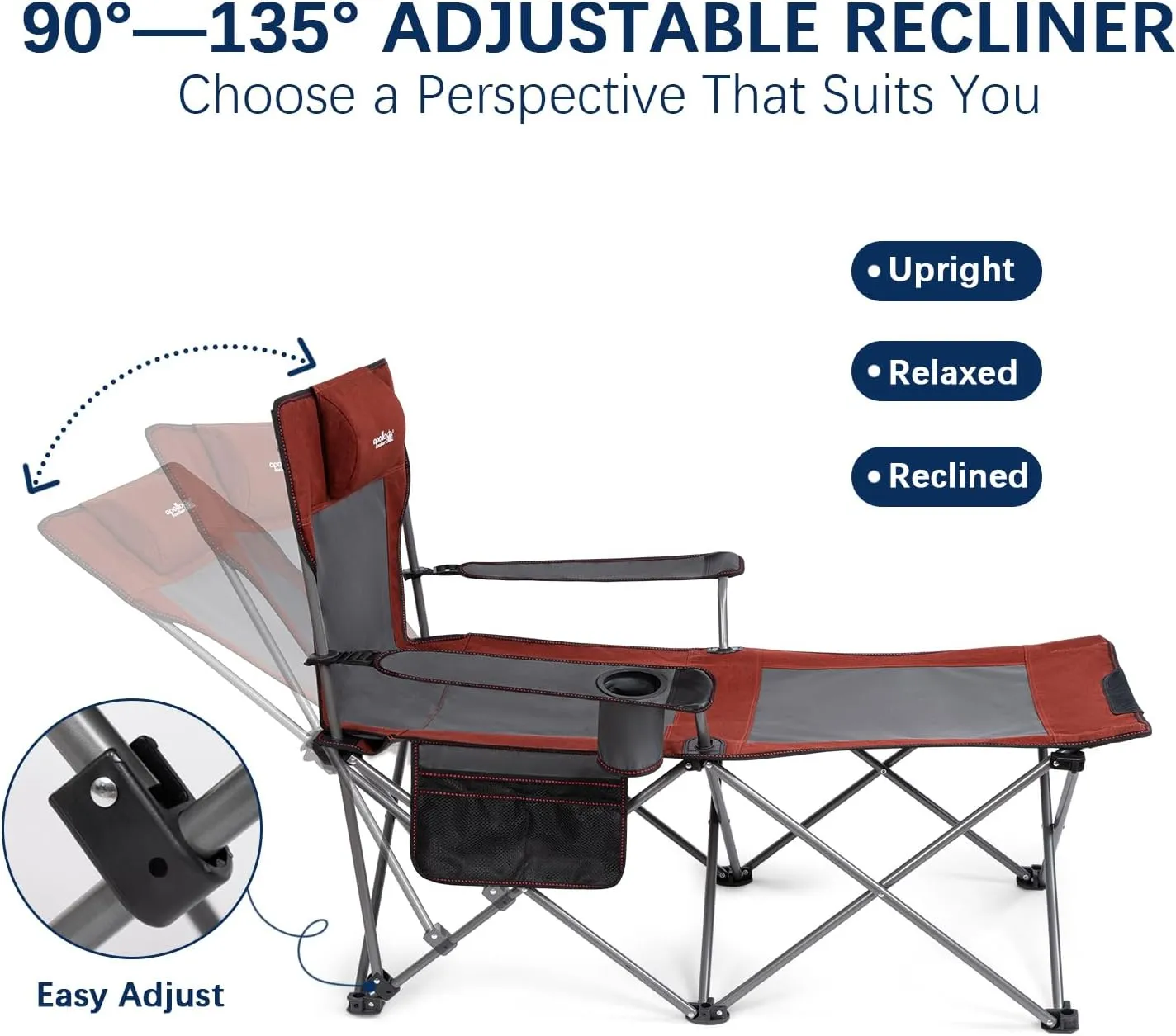 apollo walker Camping Chairs for Adults - 6 Legged Beach Chair with Foot Rest, Adjustable 90° - 130° Reclining Lounge Chair Outdoor, Folding Chairs for Outside with Detachable Pillow & Carry Bag Red