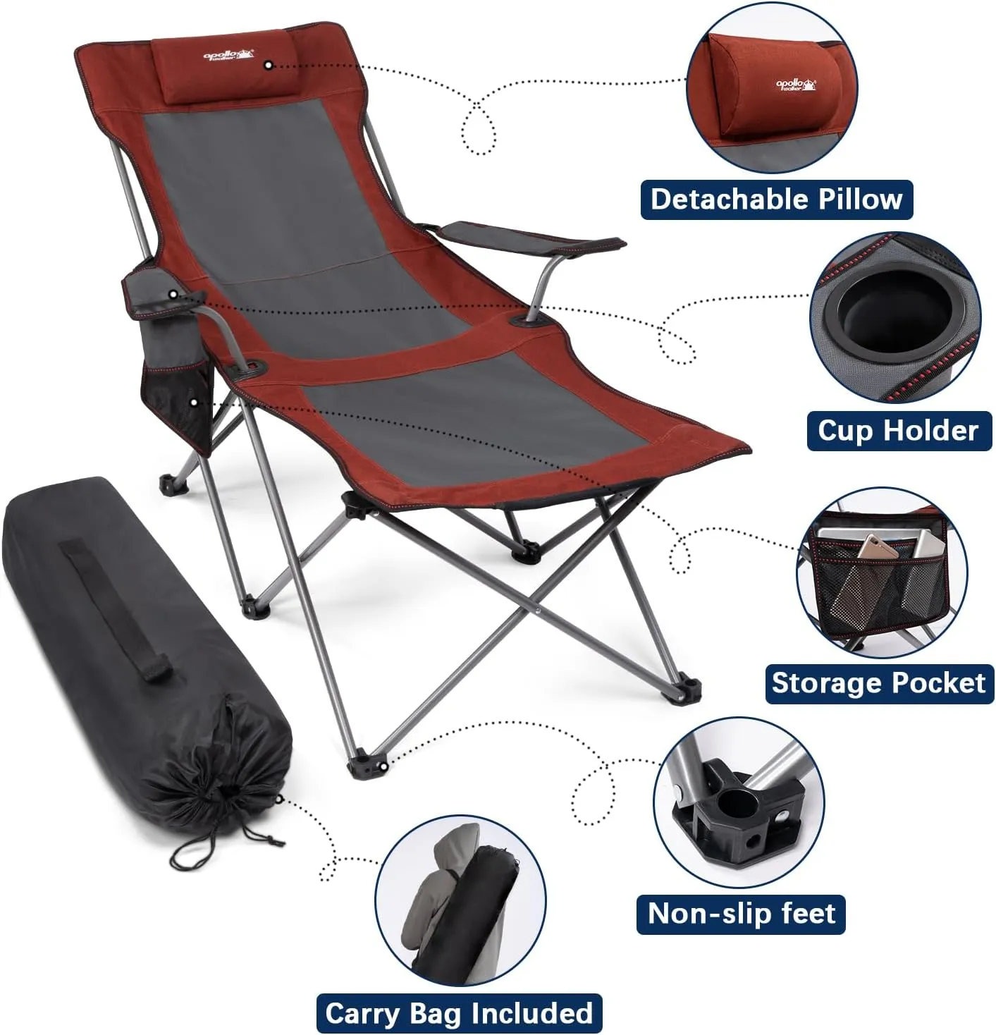 apollo walker Camping Chairs for Adults - 6 Legged Beach Chair with Foot Rest, Adjustable 90° - 130° Reclining Lounge Chair Outdoor, Folding Chairs for Outside with Detachable Pillow & Carry Bag Red