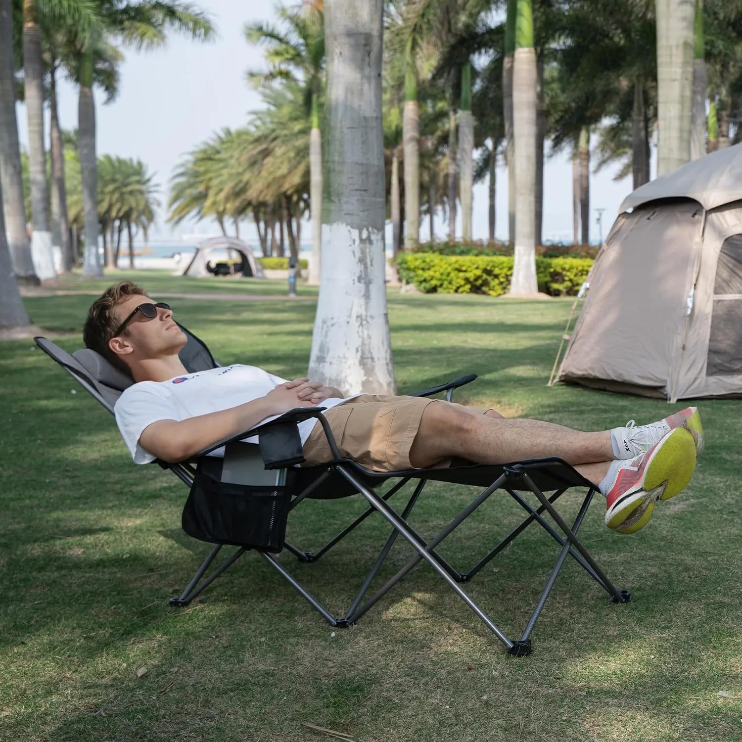 apollo walker Camping Chairs for Adults - 6 Legged Beach Chair with Foot Rest, Breathable Mesh, Adjustable 90° - 135° Reclining Lounge Chair Outdoor, Folding Chairs for Outside with Detachable Pillow