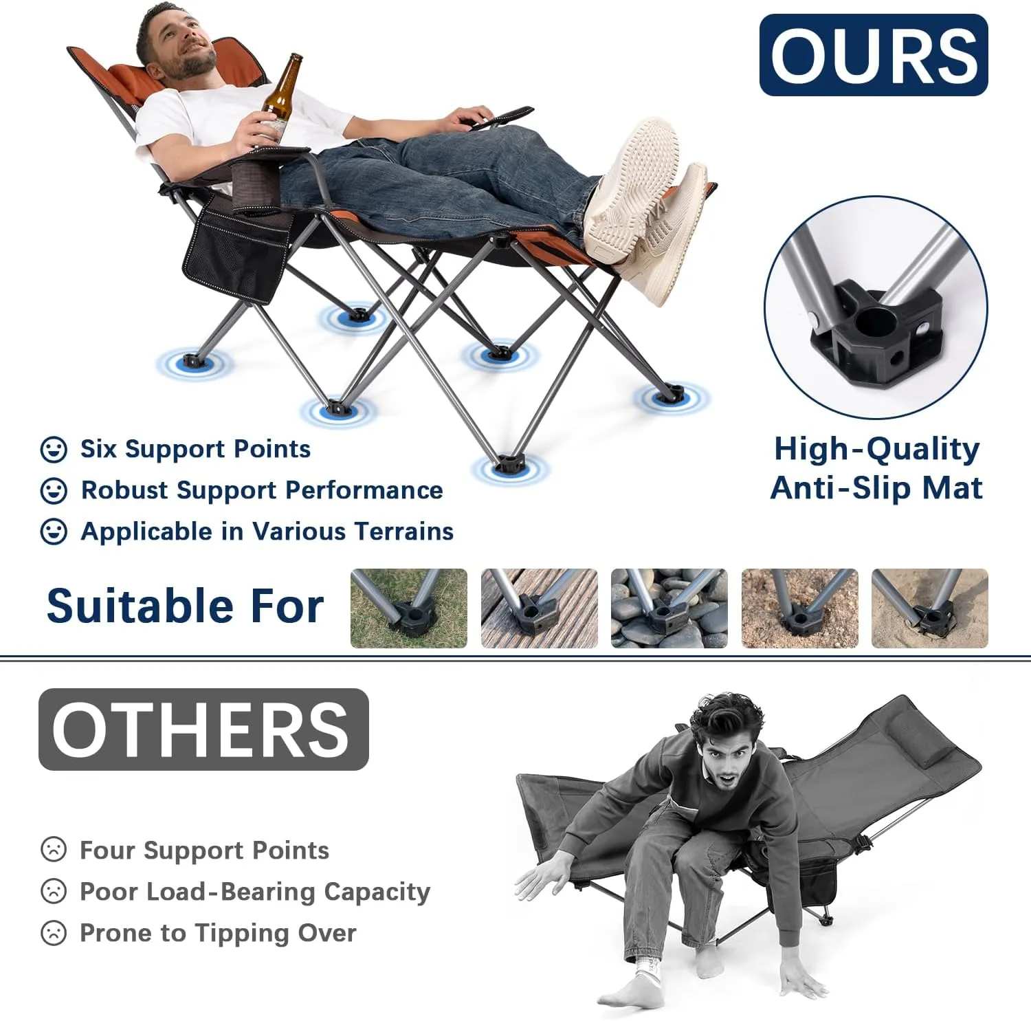 apollo walker Camping Chairs for Adults - 6 Legged Beach Chair with Foot Rest, Breathable Mesh, Adjustable 90° - 135° Reclining Lounge Chair Outdoor, Folding Chairs for Outside with Detachable Pillow