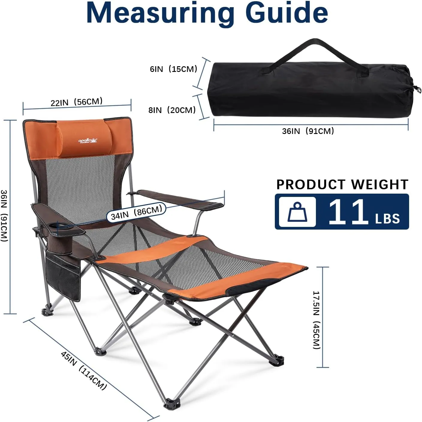 apollo walker Camping Chairs for Adults - 6 Legged Beach Chair with Foot Rest, Breathable Mesh, Adjustable 90° - 135° Reclining Lounge Chair Outdoor, Folding Chairs for Outside with Detachable Pillow