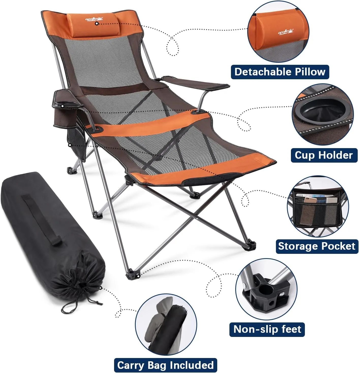 apollo walker Camping Chairs for Adults - 6 Legged Beach Chair with Foot Rest, Breathable Mesh, Adjustable 90° - 135° Reclining Lounge Chair Outdoor, Folding Chairs for Outside with Detachable Pillow