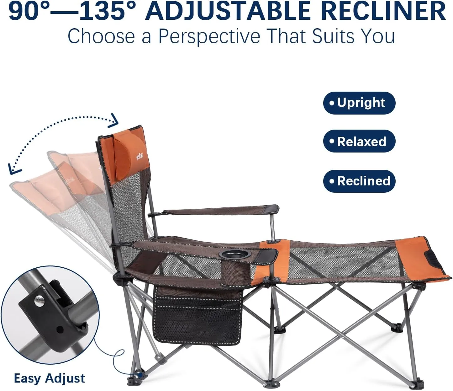 apollo walker Camping Chairs for Adults - 6 Legged Beach Chair with Foot Rest, Breathable Mesh, Adjustable 90° - 135° Reclining Lounge Chair Outdoor, Folding Chairs for Outside with Detachable Pillow