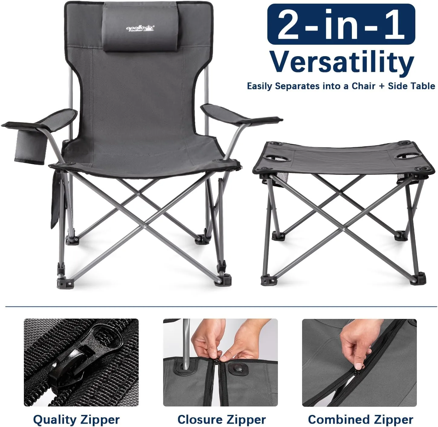 apollo walker Camping Chairs for Adults - 8 Legged 3 in 1 Detachable Beach Chair with Foot Rest, Adjustable 90° - 135° Reclining Lounge Chair Outdoor, Folding Chairs for Outside with Pillow, Carry Bag