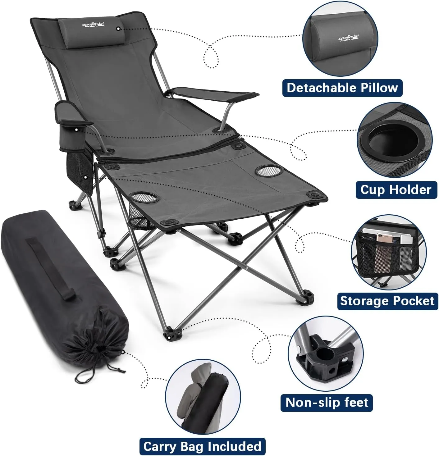 apollo walker Camping Chairs for Adults - 8 Legged 3 in 1 Detachable Beach Chair with Foot Rest, Adjustable 90° - 135° Reclining Lounge Chair Outdoor, Folding Chairs for Outside with Pillow, Carry Bag