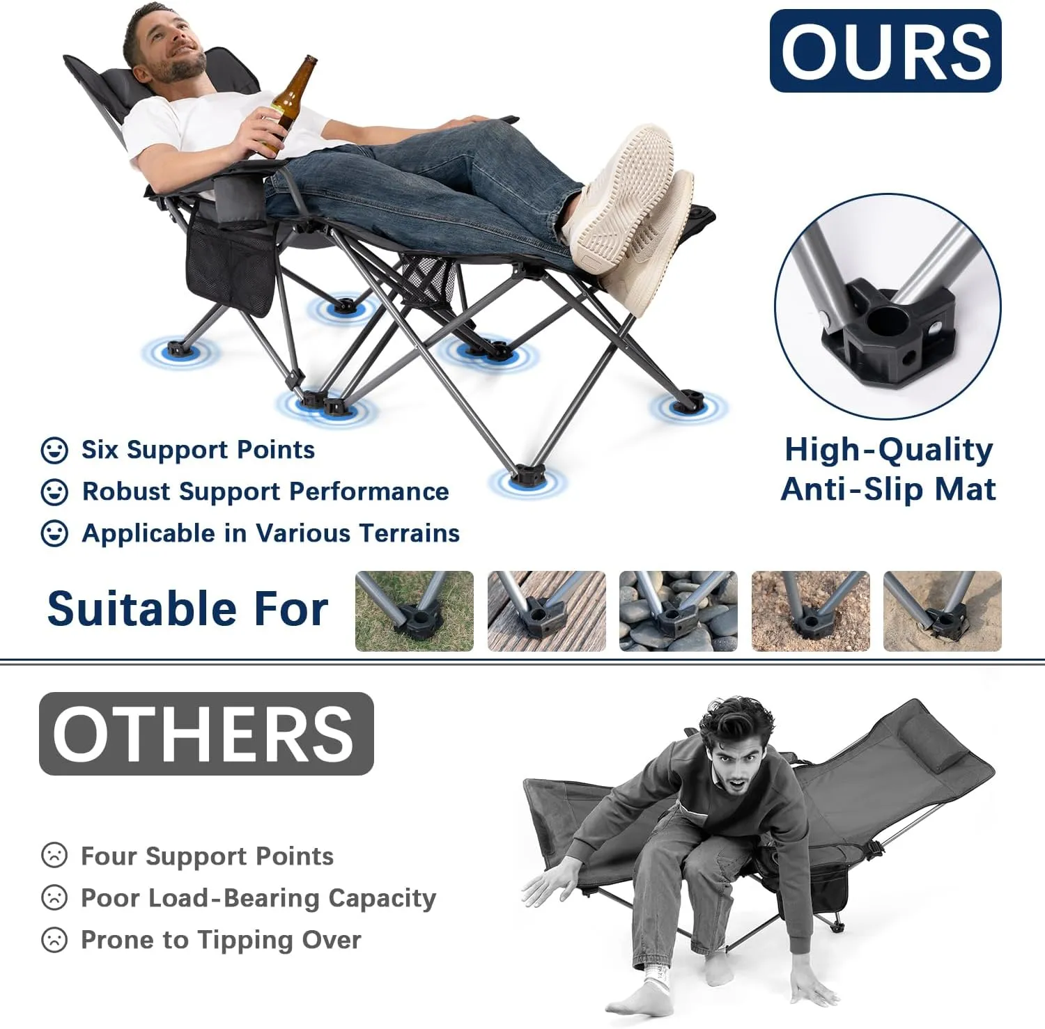 apollo walker Camping Chairs for Adults - 8 Legged 3 in 1 Detachable Beach Chair with Foot Rest, Adjustable 90° - 135° Reclining Lounge Chair Outdoor, Folding Chairs for Outside with Pillow, Carry Bag