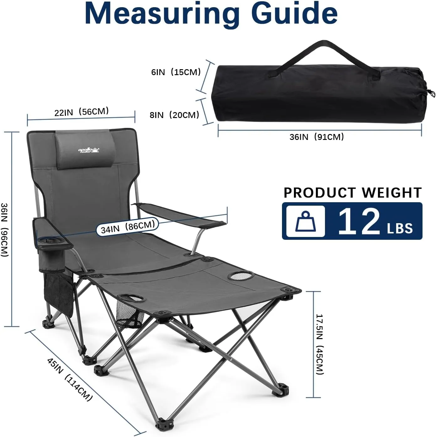 apollo walker Camping Chairs for Adults - 8 Legged 3 in 1 Detachable Beach Chair with Foot Rest, Adjustable 90° - 135° Reclining Lounge Chair Outdoor, Folding Chairs for Outside with Pillow, Carry Bag