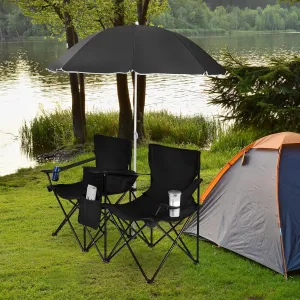 ARLIME Double Folding Beach Chairs with Umbrella, Outdoor Picnic Portable Loveseat Chairs with Removable umbrella & Mini Table Carrying Bag, Camping Chair for Patio, Pool, Park (Black)