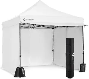 ARROWHEAD OUTDOOR 10’x10’ Heavy-Duty Pop-Up Canopy, Instant Shelter, Easy One Person Setup, Water & UV Resistant, Push Button Legs, Wheeled Bag, Guide Ropes, Awning, White v2 (New) (KGS0393U)