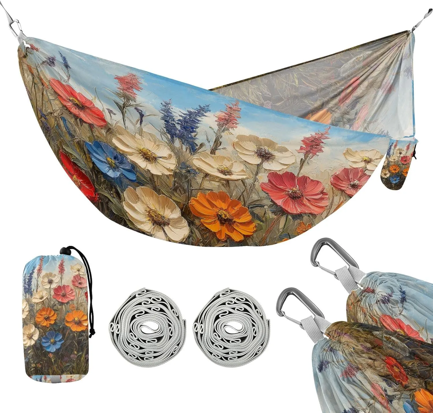ATTX Wild Flowers Oil Painting Camping Hammock - Lightweight & Portable Hammocks, Heavy Duty 330lbs Capacity for Indoor, Hiking, Backpacking, Travel, Backyard, Beach#500