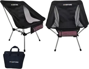 Aventure Ultimate Hiking Aluminium Foldable Portable Chair, (1 Chair) Lightweight Equipped with Zipped Bottle & Storage Pocket - Ideal Camping Chair (Black)