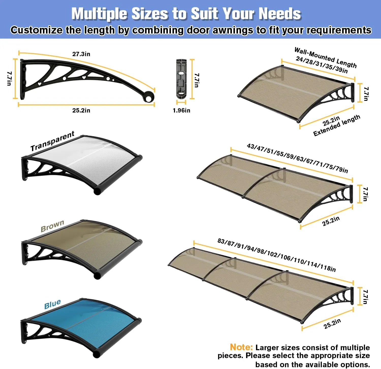 Awning for Door Entrance 60x180cm/24x71in Window Canopy Exterior with Plastic Steel Bracket UV Rain&Snow Protection, Durable Polycarbonate Canopy for Entrance,Balcony Brown