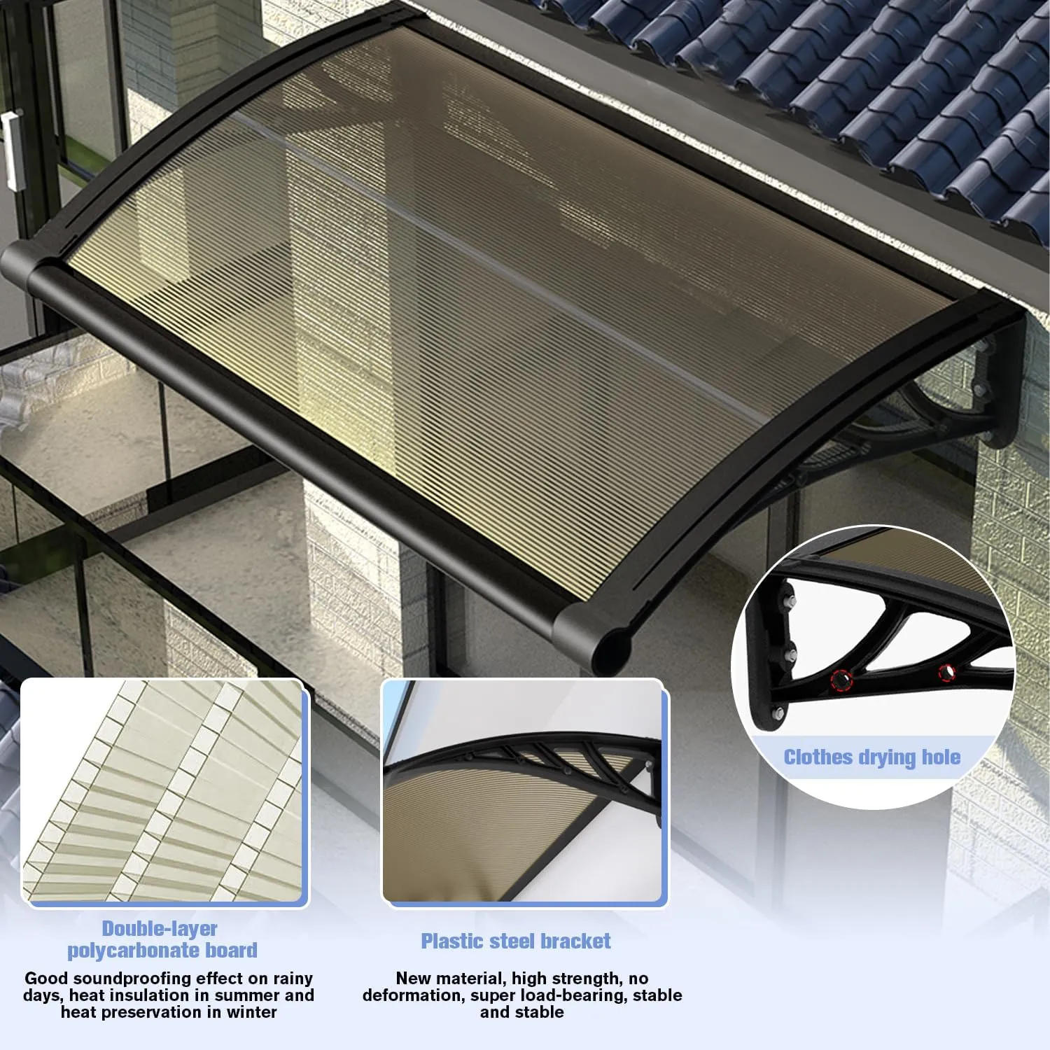 Awning for Door Entrance 60x180cm/24x71in Window Canopy Exterior with Plastic Steel Bracket UV Rain&Snow Protection, Durable Polycarbonate Canopy for Entrance,Balcony Brown