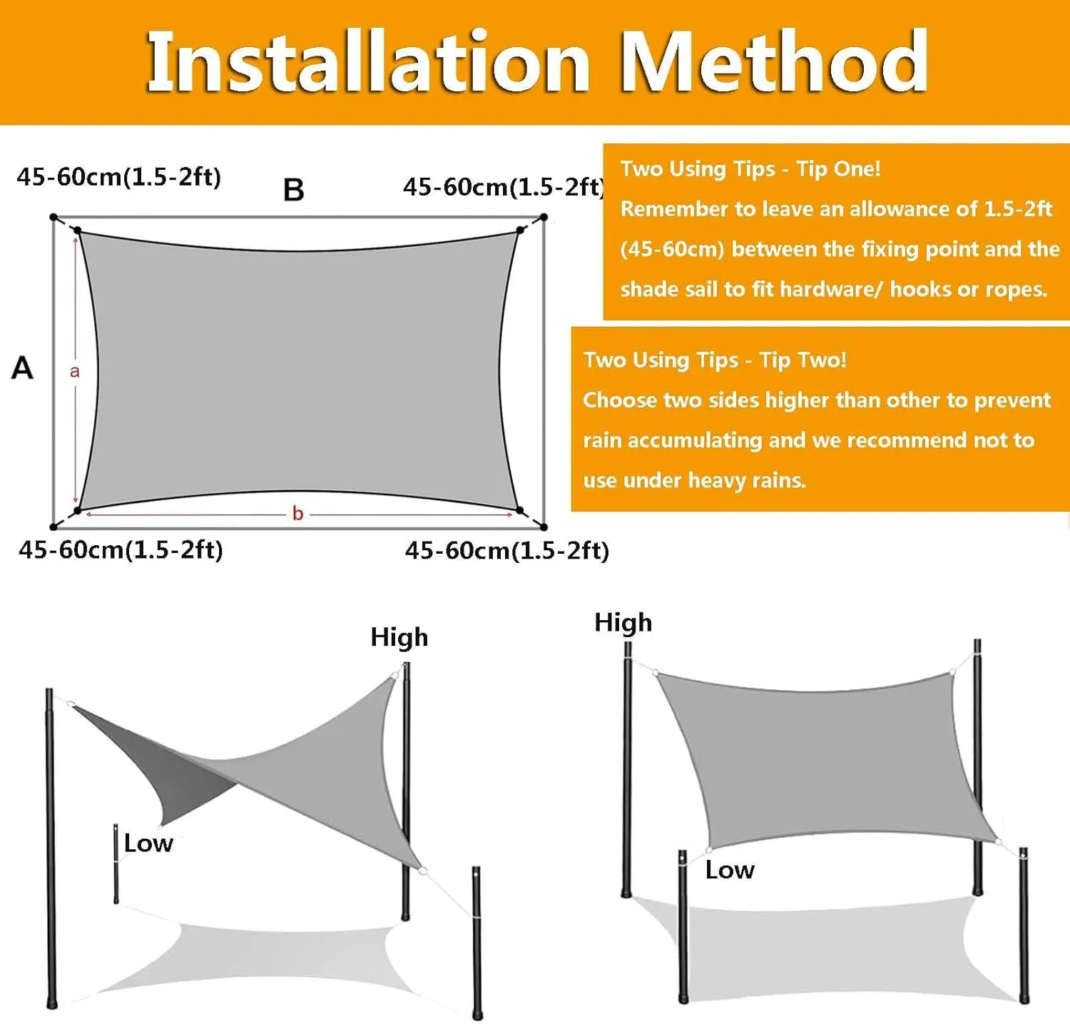 B 16x20 FT Sun Shade Sails for Patio Outdoor Waterproof, Sunshade Sail UV Block Canopy Shelter, Rectangle Sunscreen Awning Sun Shades Cloth for Lawn Garden Backyard
