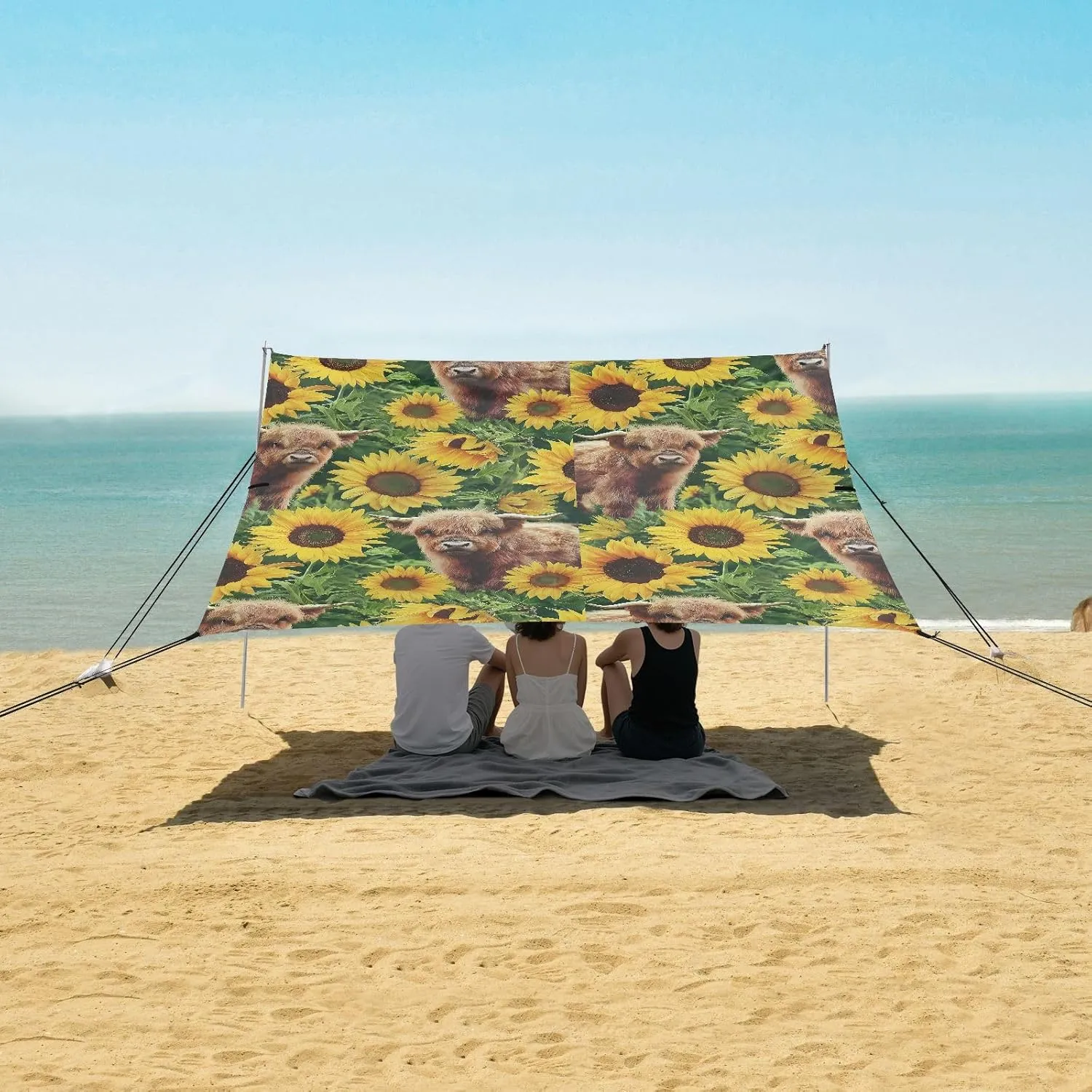 Baby Highland Cows Sunflowers Beach Canopy Tent Anti-UV & Wind Resistant, Camping Sun Shelter Easy Setup Portable,Outdoor Shade Tents with Sandbags,Sand Shovels,Ground Pegs & Stability Poles