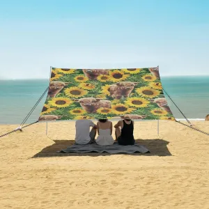 Baby Highland Cows Sunflowers Beach Canopy Tent Anti-UV & Wind Resistant, Camping Sun Shelter Easy Setup Portable,Outdoor Shade Tents with Sandbags,Sand Shovels,Ground Pegs & Stability Poles