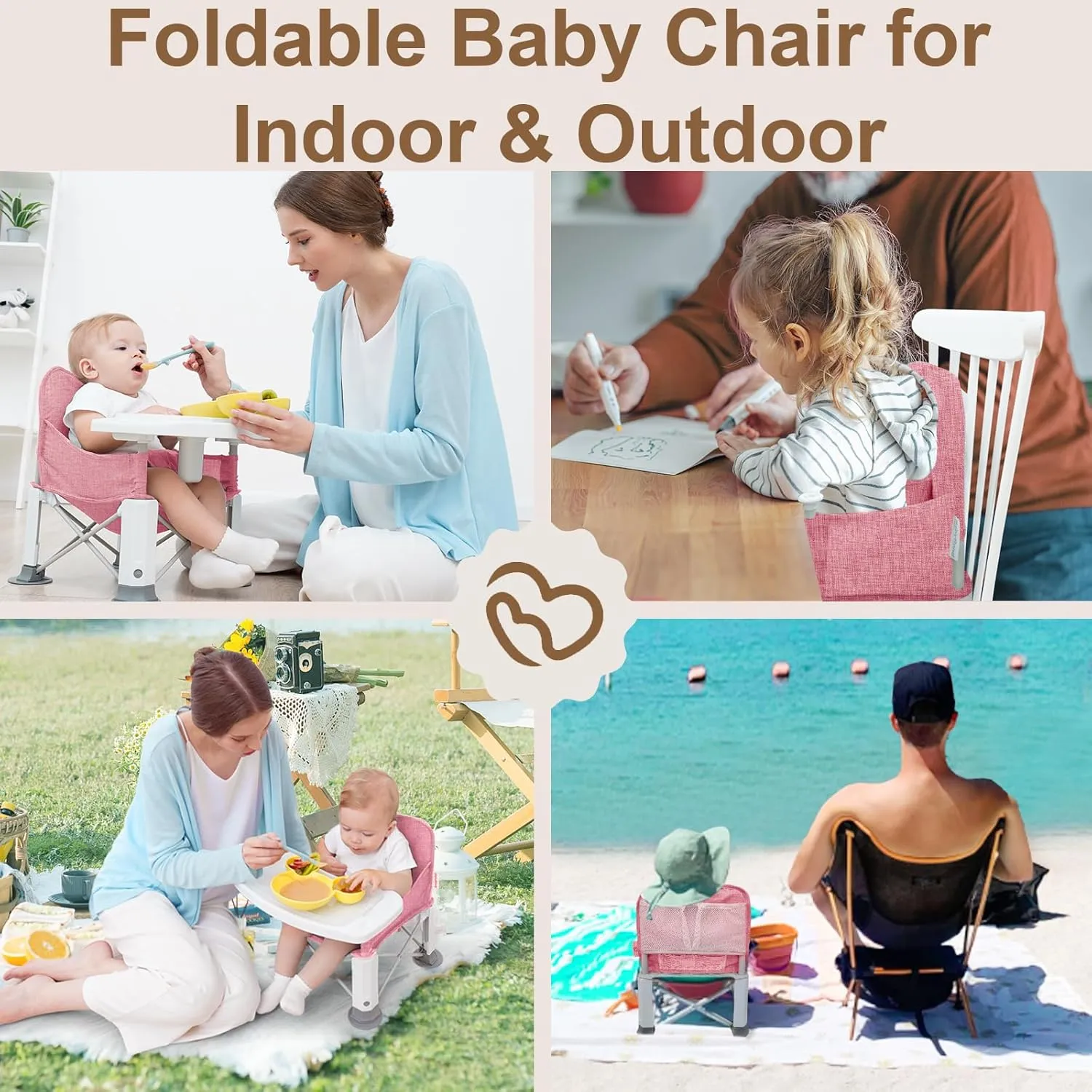 Baby Travel Booster Seat with Double Tray, BabyBond Upgraded Toddler Portable Baby Chair, Booster Seat for Dining Table, Stable and Foldable Booster Baby Chair for Indoor/Outdoor (Pink)
