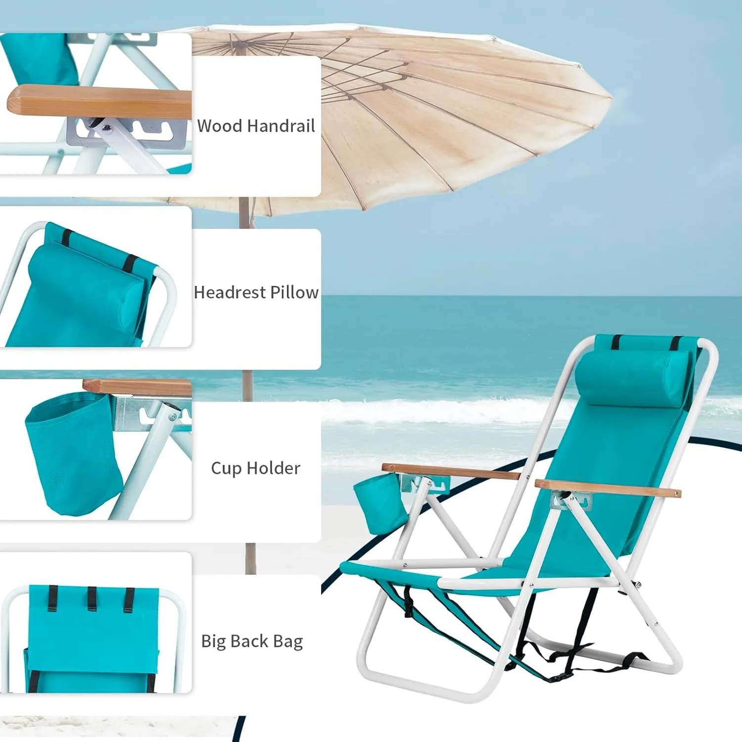 Backpack Beach Chair for Adults, Portable Camping Chairs with Straps,Headrest & Cup Holder,4 Position Lawn Chairs Folding Hiking Chair for Beach Concert,Supports 265 lbs,Silla de Playa,Green 1 Pcs
