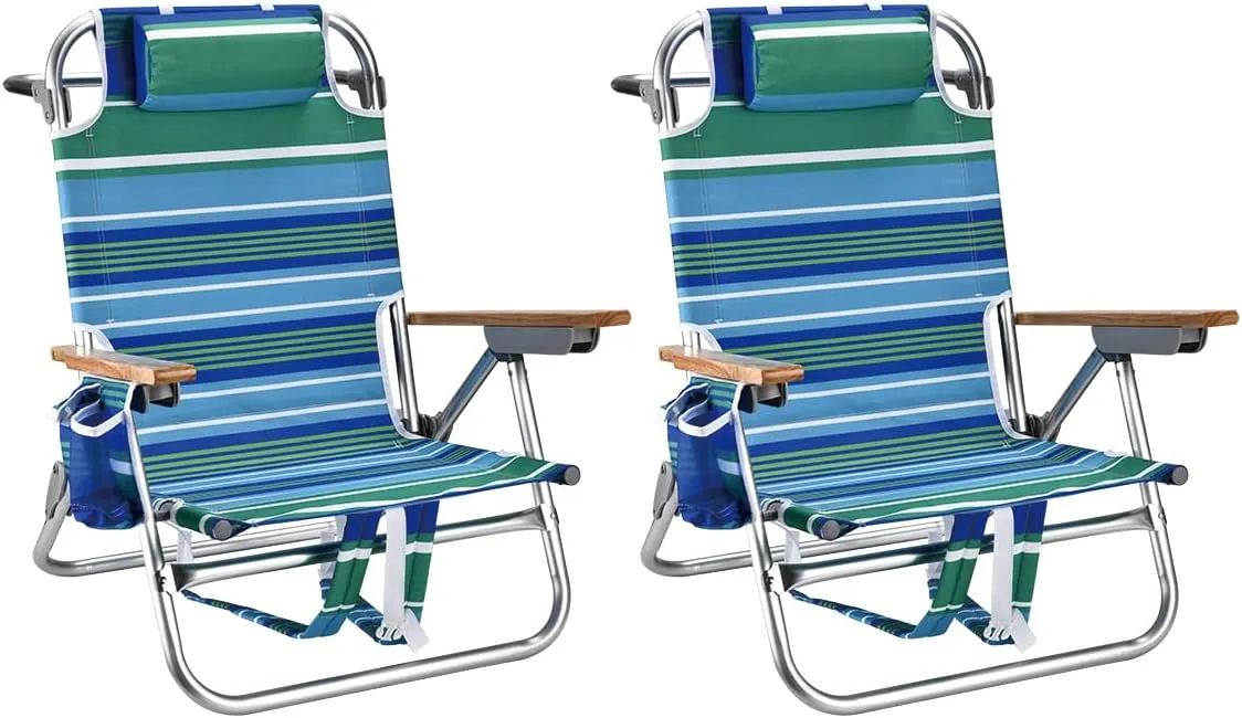 Backpack Beach Chairs for Adults Capacity 300 LBS Low 5 Position Beach Chair with Pouch Straps Folding Lightweight Reclining Aluminum Wide Lay Flat Single