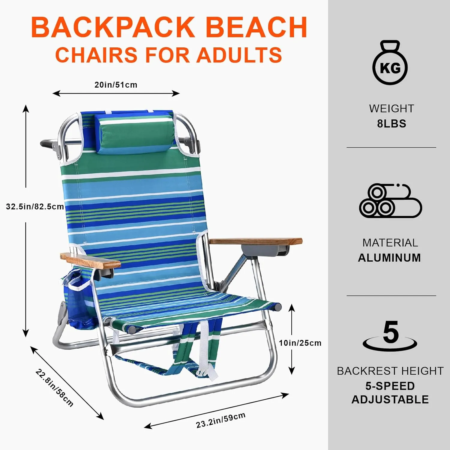 Backpack Beach Chairs for Adults Capacity 300 LBS Low 5 Position Beach Chair with Pouch Straps Folding Lightweight Reclining Aluminum Wide Lay Flat Single
