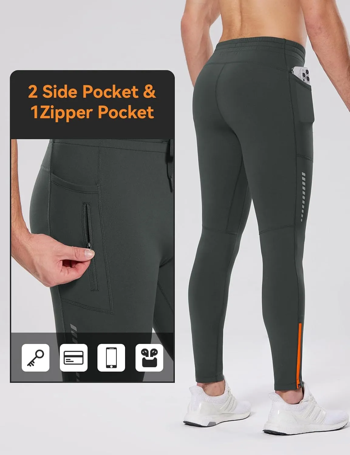 baleaf Men's Thermal Running Tights Winter Cycling Pants Fleece Lined Compression Leggings Zipper Pockets Cold Weather Gear