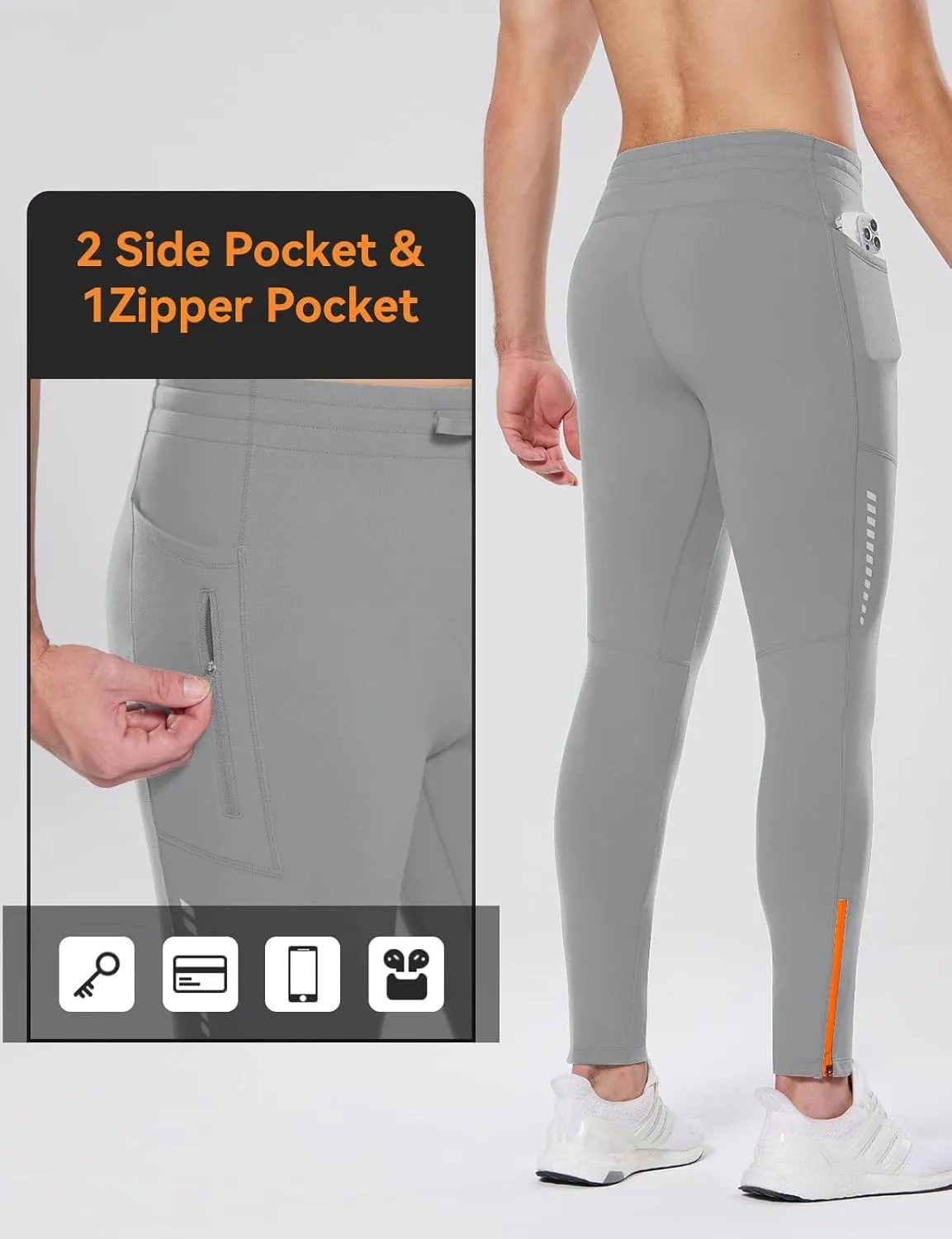 baleaf Men's Thermal Running Tights Winter Cycling Pants Fleece Lined Compression Leggings Zipper Pockets Cold Weather Gear