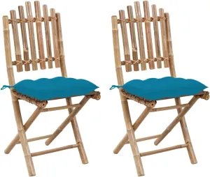 Bamboo Folding Patio Chairs 2 Pack with Light Blue Cushions, Foldable Outdoor Dining Chairs for Garden, Poolside, Beach, Lawn Furniture Set