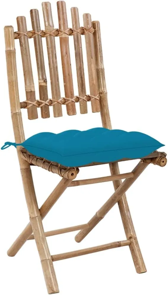 Bamboo Folding Patio Chairs 2 Pack with Light Blue Cushions, Foldable Outdoor Dining Chairs for Garden, Poolside, Beach, Lawn Furniture Set