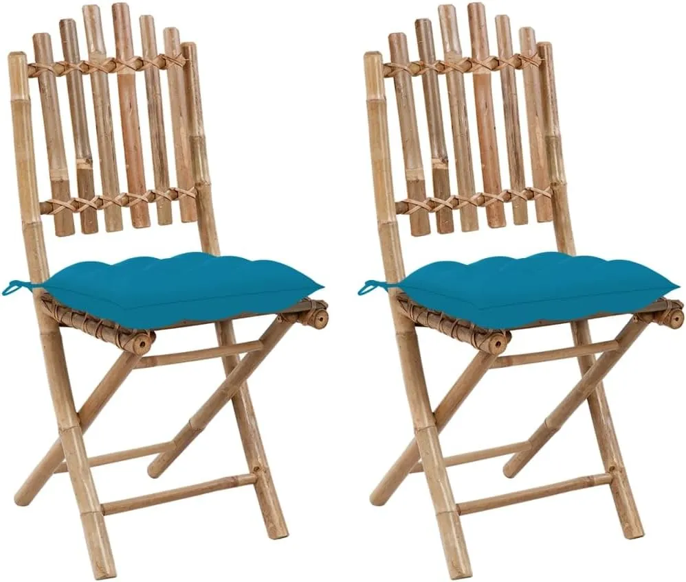 Bamboo Folding Patio Chairs 2 Pack with Light Blue Cushions, Foldable Outdoor Dining Chairs for Garden, Poolside, Beach, Lawn Furniture Set