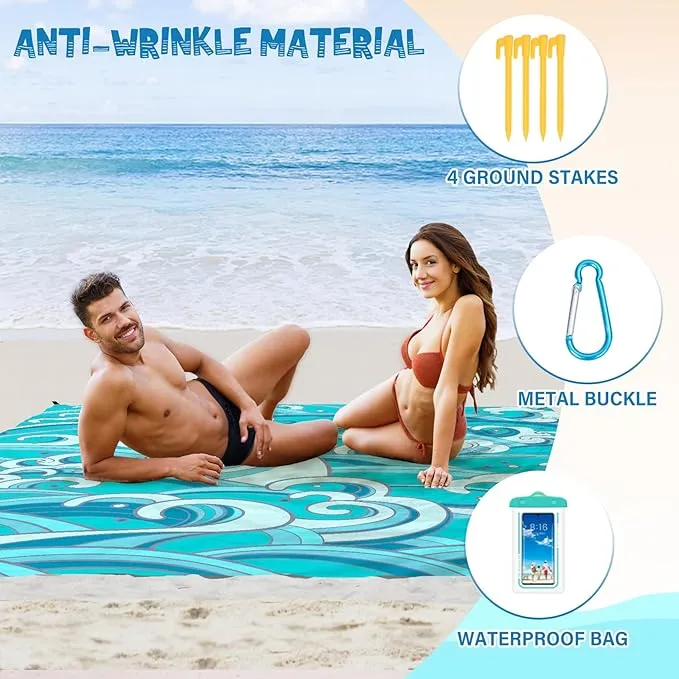 Beach Blanket Waterproof Sandproof 1-7 Adult Oversized 78 '' × 81 '' Lightweight Durable Compact Sand Free Beach Mat for Travel Camping Hiking Picnic Blanket Extra Large