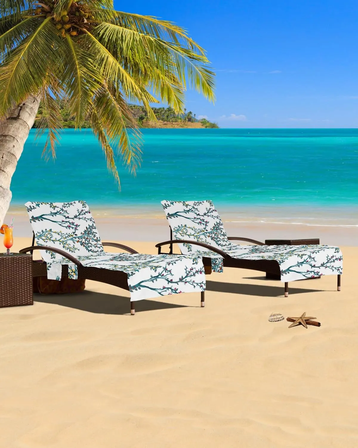 Beach Pool Patio Lounge Chaise Chair Cover Towel With Pockets,Branches Leaves Absorbent & Quick Dry Microfiber Towel Cover Bag Summer Travel Accessories for Sunbathing Watercolor Botanical Plant Green