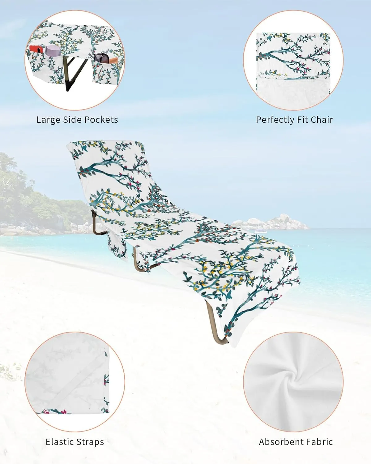 Beach Pool Patio Lounge Chaise Chair Cover Towel With Pockets,Branches Leaves Absorbent & Quick Dry Microfiber Towel Cover Bag Summer Travel Accessories for Sunbathing Watercolor Botanical Plant Green