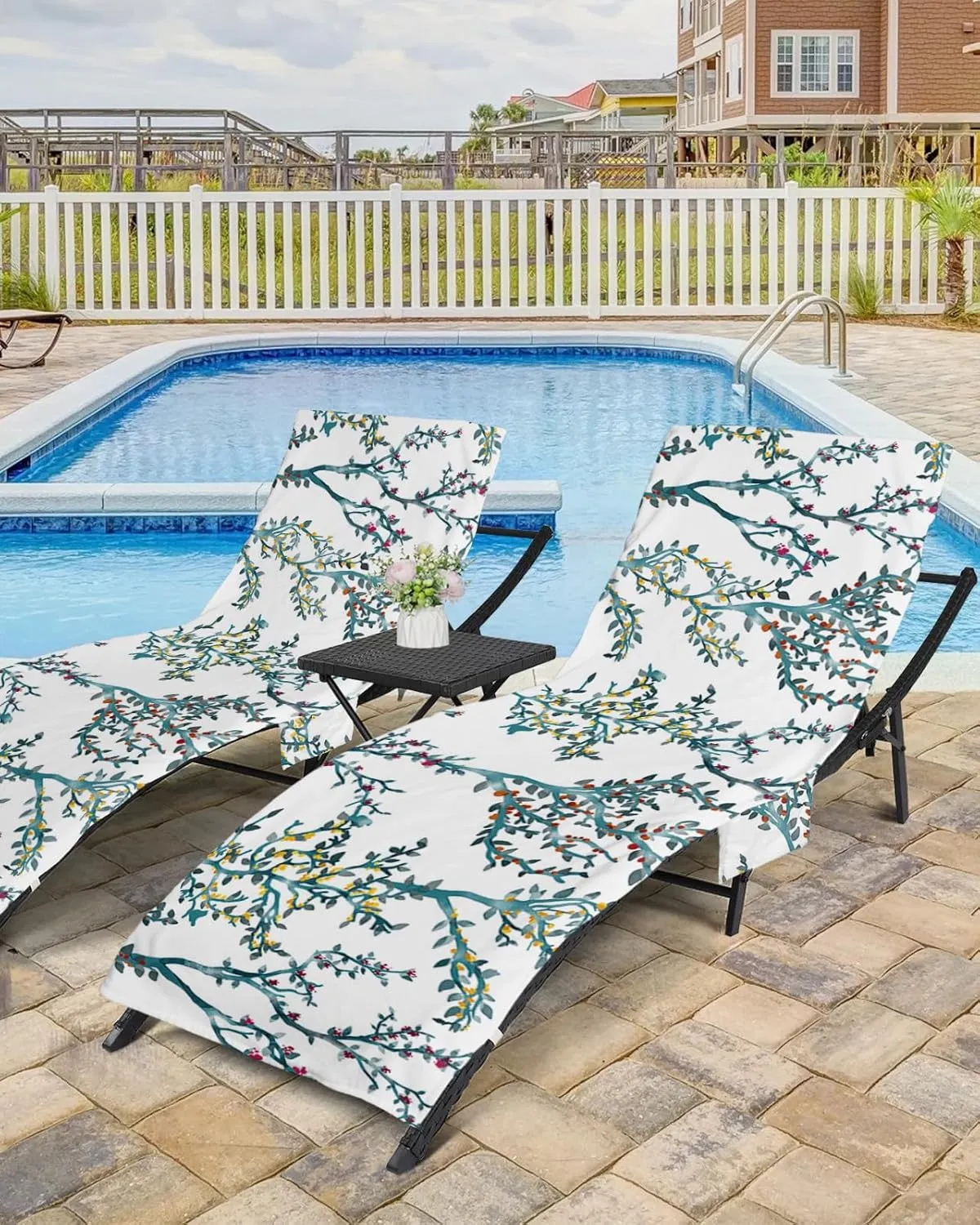 Beach Pool Patio Lounge Chaise Chair Cover Towel With Pockets,Branches Leaves Absorbent & Quick Dry Microfiber Towel Cover Bag Summer Travel Accessories for Sunbathing Watercolor Botanical Plant Green