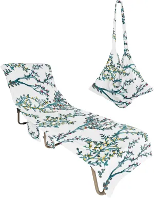 Beach Pool Patio Lounge Chaise Chair Cover Towel With Pockets,Branches Leaves Absorbent & Quick Dry Microfiber Towel Cover Bag Summer Travel Accessories for Sunbathing Watercolor Botanical Plant Green