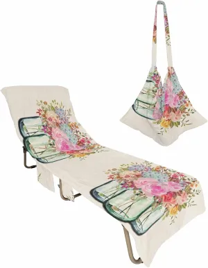 Beach Pool Patio Lounge Chaise Chair Cover Towel with Pockets,Floral Beige Absorbent & Quick Dry Microfiber Towel Cover Bag Summer Travel Accessories Vintage Bottle Flower Eucalyptus Leaf Plant