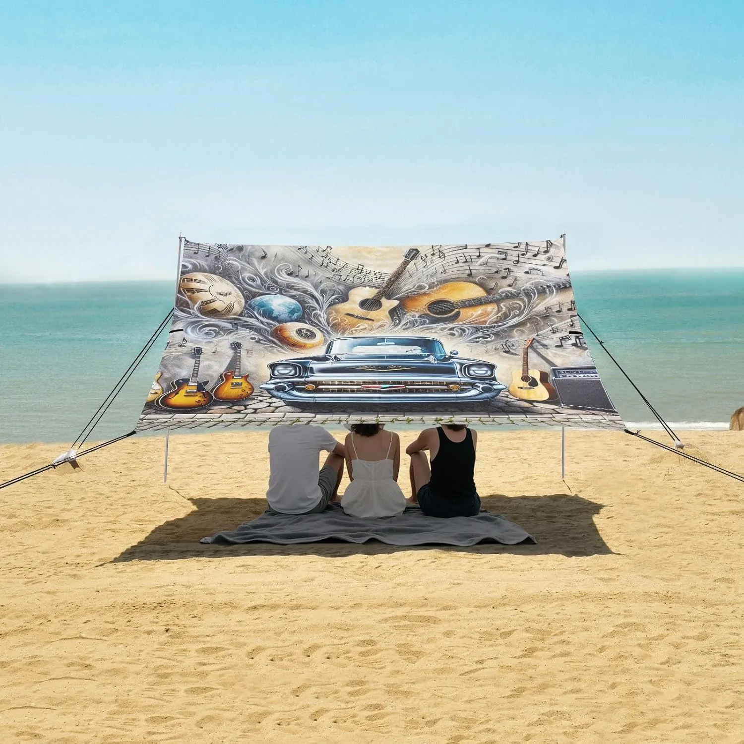 Beach Shade Tent with UPF50  UV Protection,Vintage Guitars and Car Lightweight Camping Sun Shelter for Outdoor,Camping Trips, Fishing, Backyard,Picnics,Easy Set Up and Carry 9x10.5 FT