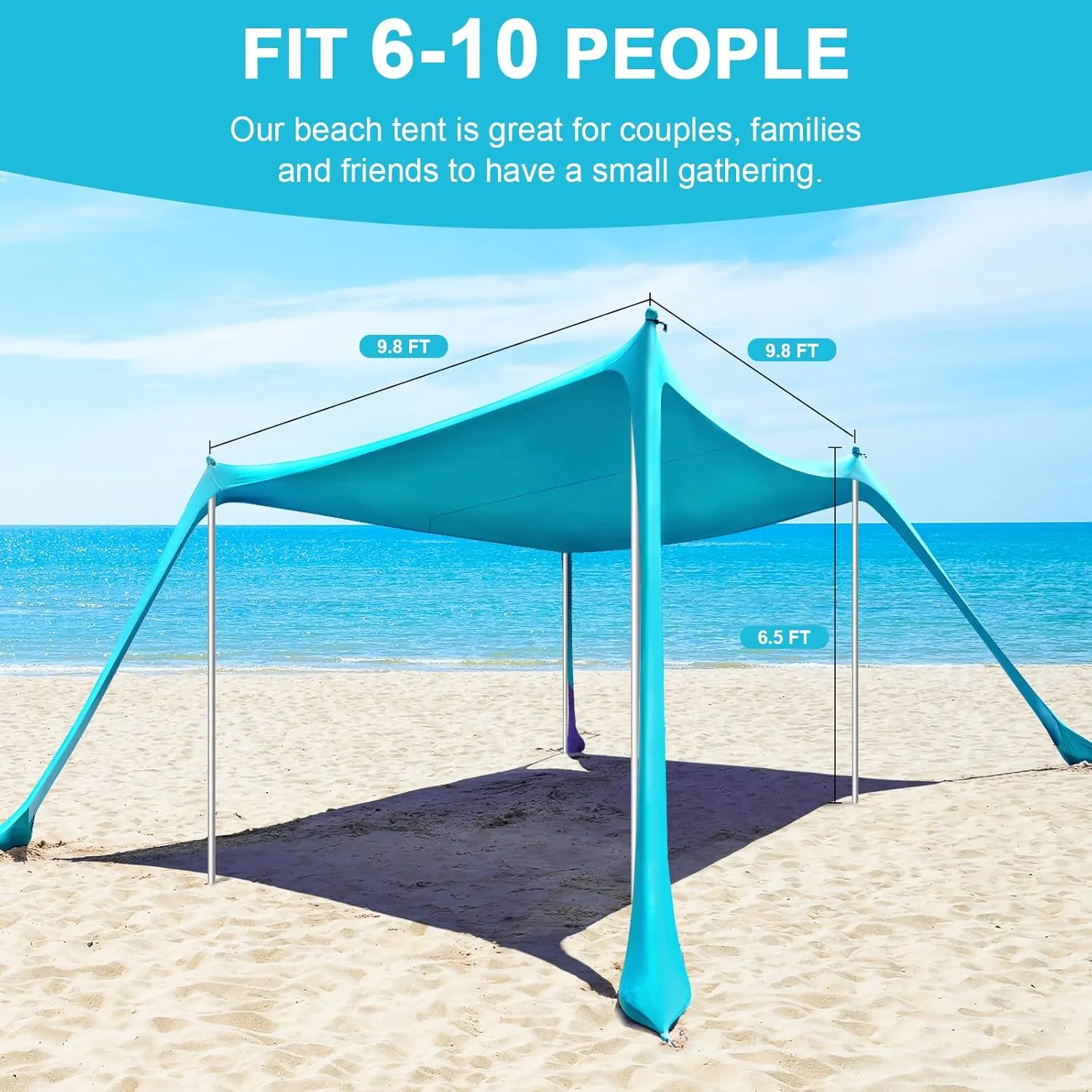 Beach Tent - 10 * 10 FT Beach Canopy, Beach Tent Sun Shelter UPF50 W/ 4 Sandbags, Stability Poles Ground Pegs and Anti-Wind Ropes, Outdoor Beach Shade Canopy for Camping, Light Blue