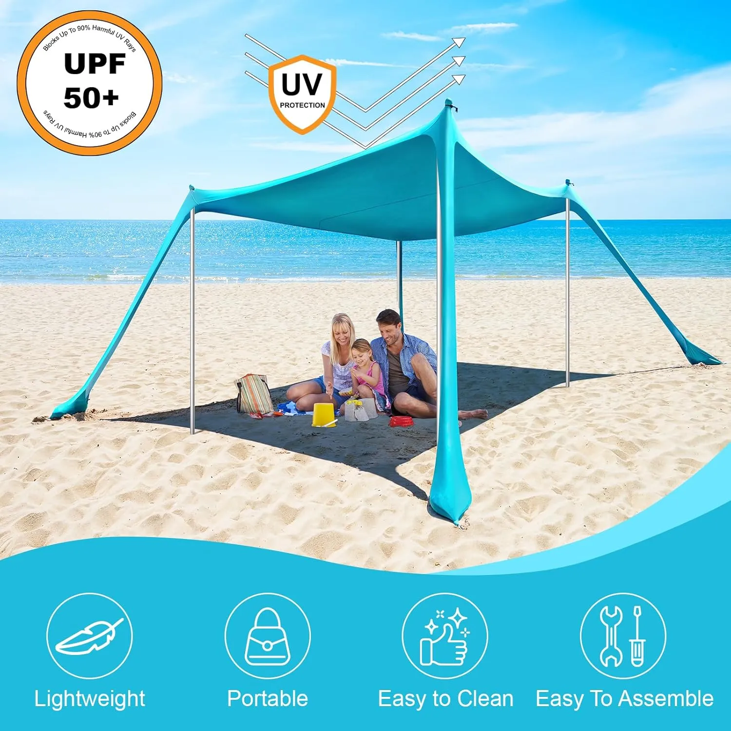 Beach Tent - 10 * 10 FT Beach Canopy, Beach Tent Sun Shelter UPF50 W/ 4 Sandbags, Stability Poles Ground Pegs and Anti-Wind Ropes, Outdoor Beach Shade Canopy for Camping, Light Blue