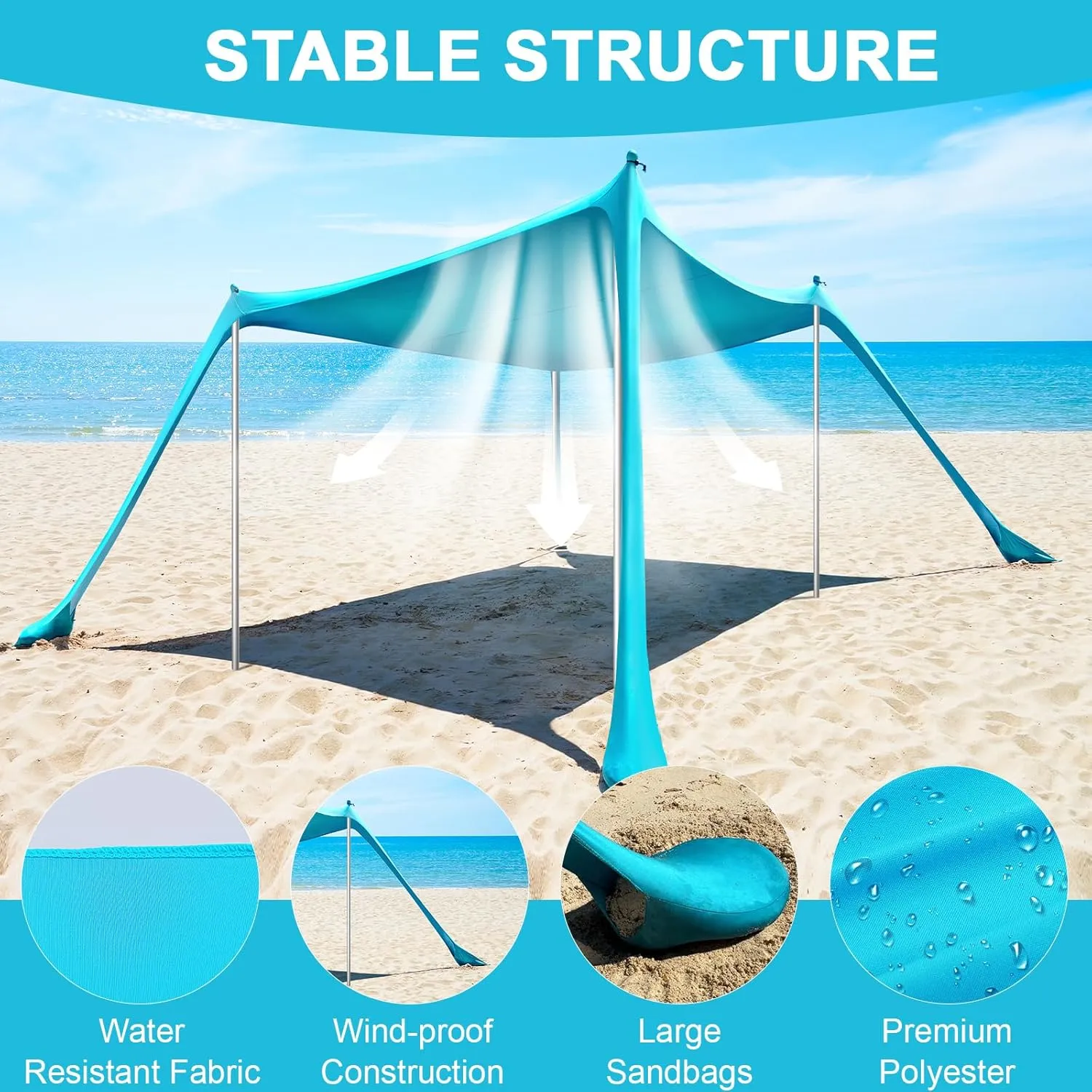 Beach Tent - 10 * 10 FT Beach Canopy, Beach Tent Sun Shelter UPF50 W/ 4 Sandbags, Stability Poles Ground Pegs and Anti-Wind Ropes, Outdoor Beach Shade Canopy for Camping, Light Blue