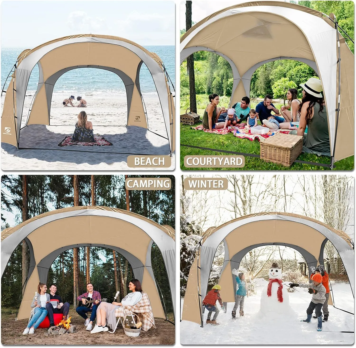 Beach Tent 12 X 12ft Large UPF50  Pop Up Canopy with 2-Pcs Side Wall, Sun Shelter Rainproof, Waterproof for Camping Trips, Backyard Fun, Fishing, Parties, Or Picnics(Khaki-Upgrade)