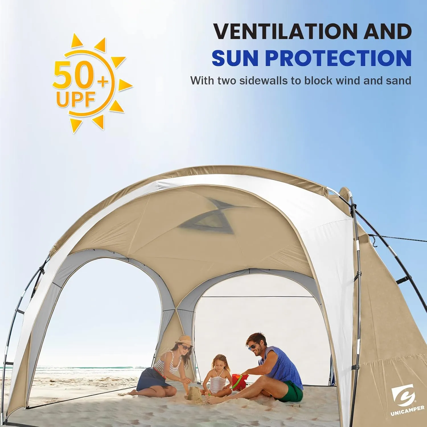 Beach Tent 12 X 12ft Large UPF50  Pop Up Canopy with 2-Pcs Side Wall, Sun Shelter Rainproof, Waterproof for Camping Trips, Backyard Fun, Fishing, Parties, Or Picnics(Khaki-Upgrade)