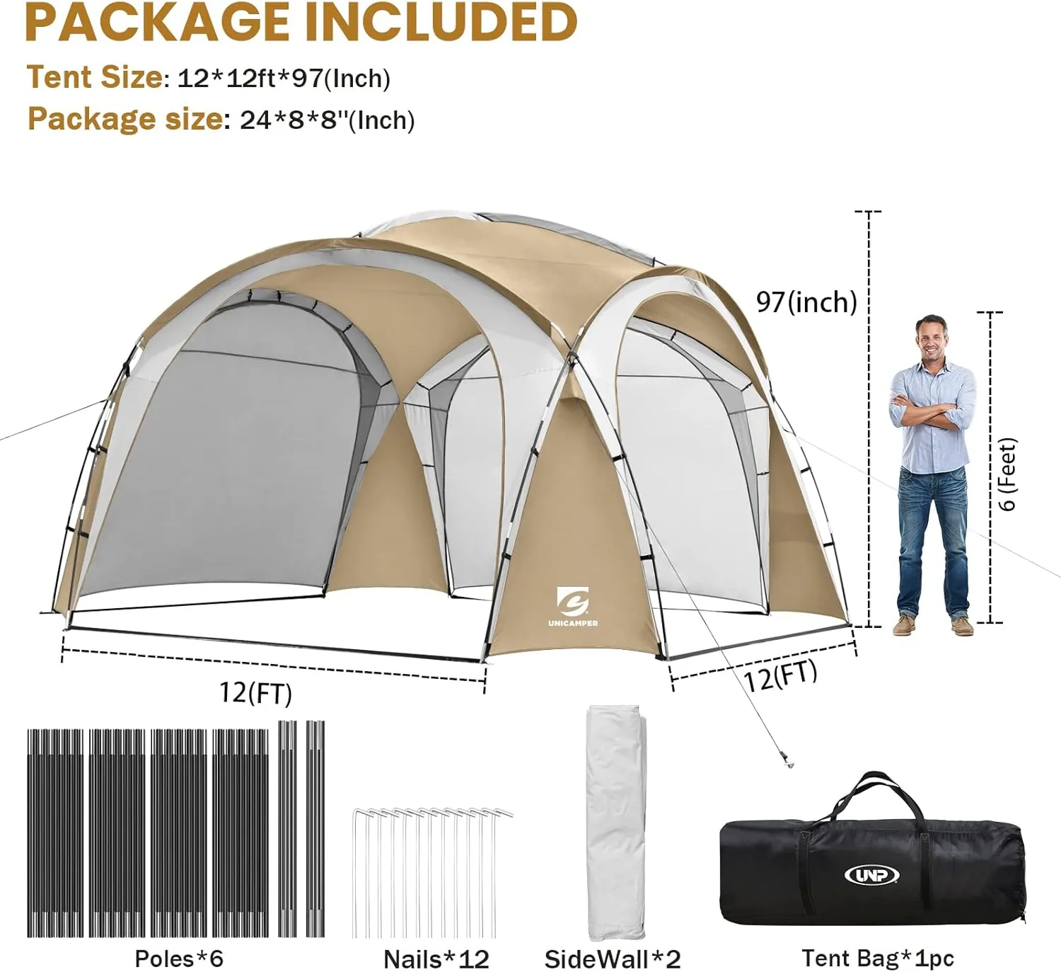 Beach Tent 12 X 12ft Large UPF50  Pop Up Canopy with 2-Pcs Side Wall, Sun Shelter Rainproof, Waterproof for Camping Trips, Backyard Fun, Fishing, Parties, Or Picnics(Khaki-Upgrade)