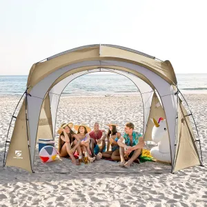 Beach Tent 12 X 12ft Large UPF50  Pop Up Canopy with 2-Pcs Side Wall, Sun Shelter Rainproof, Waterproof for Camping Trips, Backyard Fun, Fishing, Parties, Or Picnics(Khaki-Upgrade)